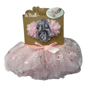 So ‘Dorable Pink￼ Grey Floral Fancy Tulle Tutu 2 PC Set Baby Girl Size 0-6M NWT